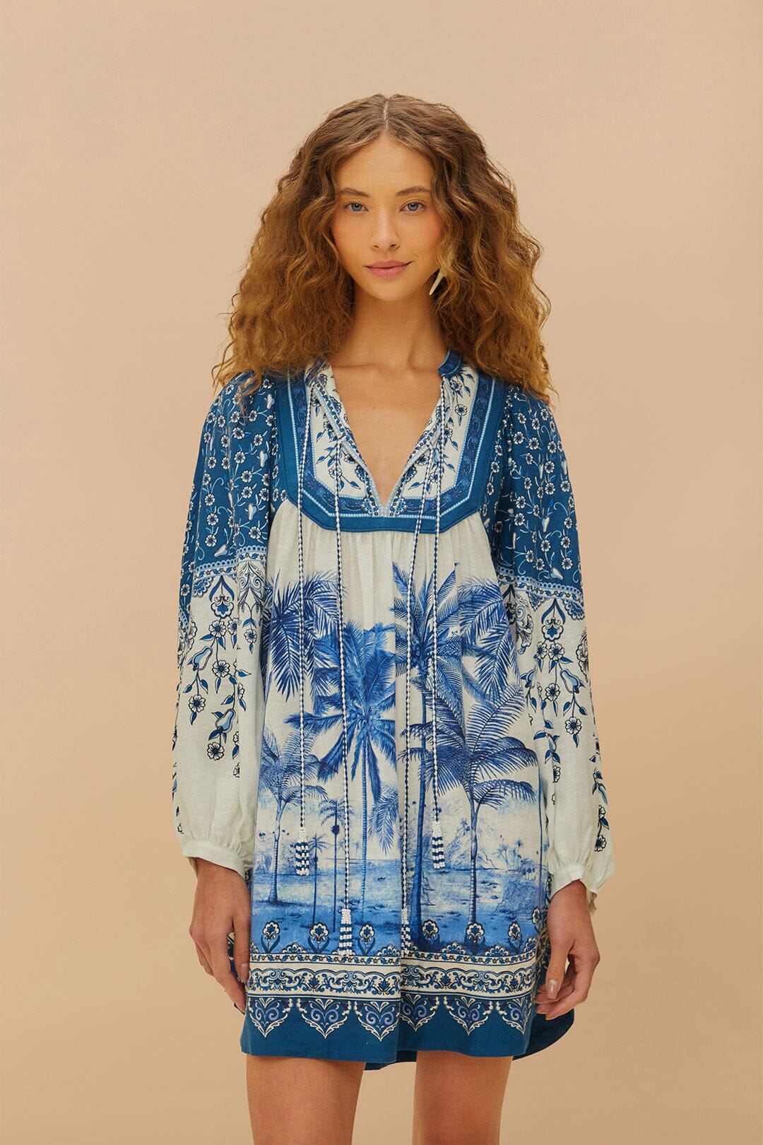 Palm Tree Beach Mini Dress in Off-White