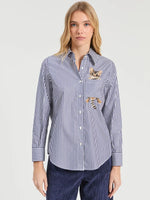 Load image into Gallery viewer, Magda Embroidered Cat Blouse in Blue Stripe
