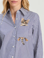 Load image into Gallery viewer, Magda Embroidered Cat Blouse in Blue Stripe
