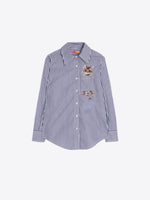 Load image into Gallery viewer, Magda Embroidered Cat Blouse in Blue Stripe

