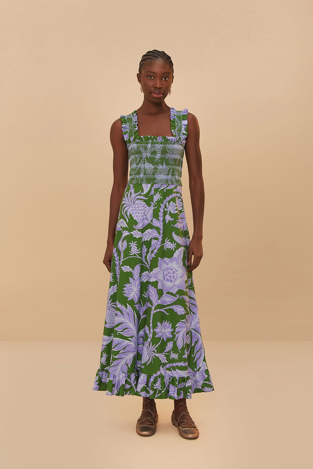 Tropical Swing Sleeveless Midi Dress in Green