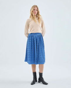 Polka Dot Pleated Midi Skirt in Blue
