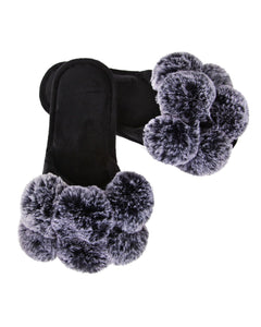 Luxe Pom Pom Open Toe Slippers in Black