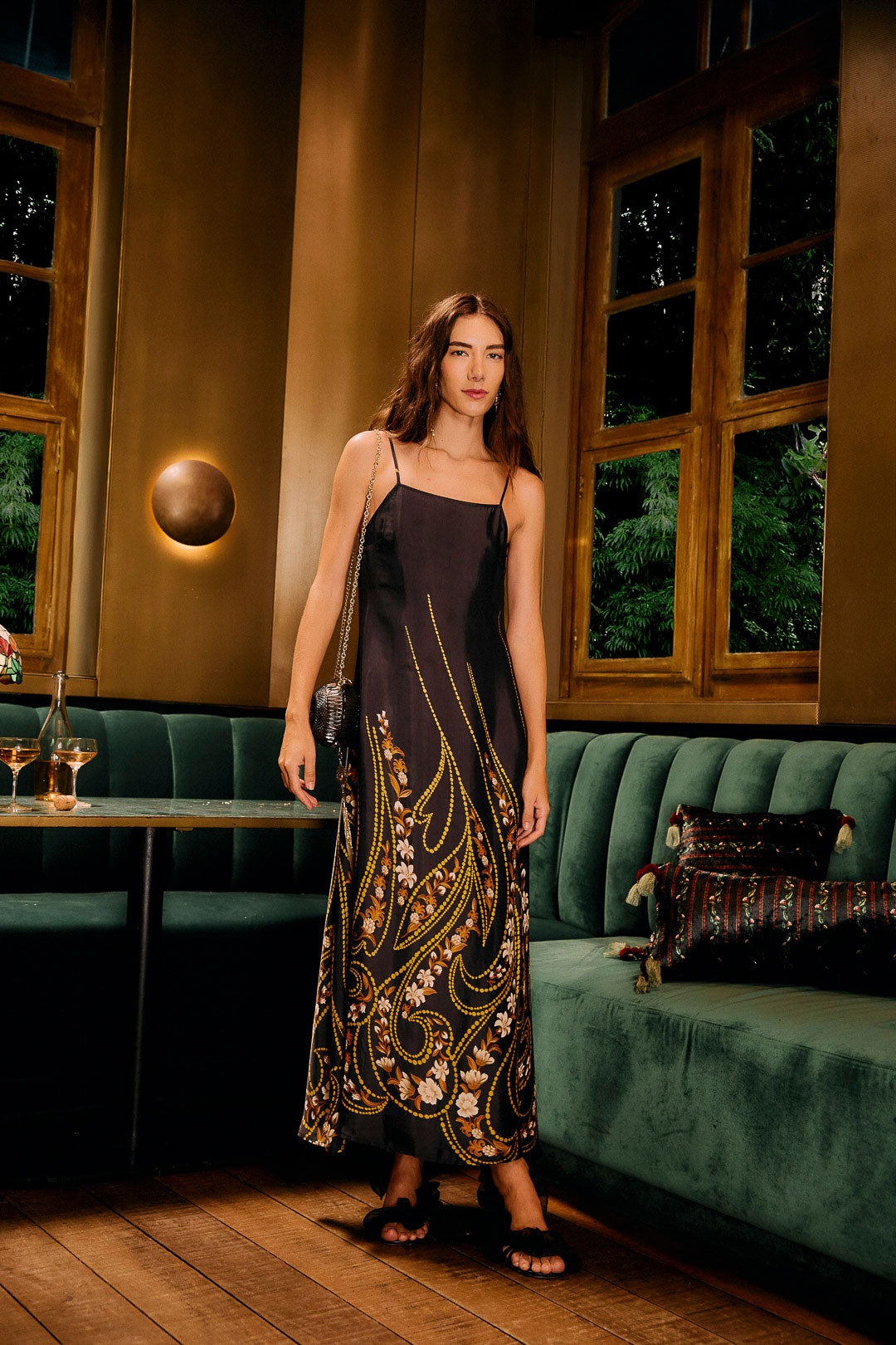 Garden Silhouette Slip Midi Dress in Black