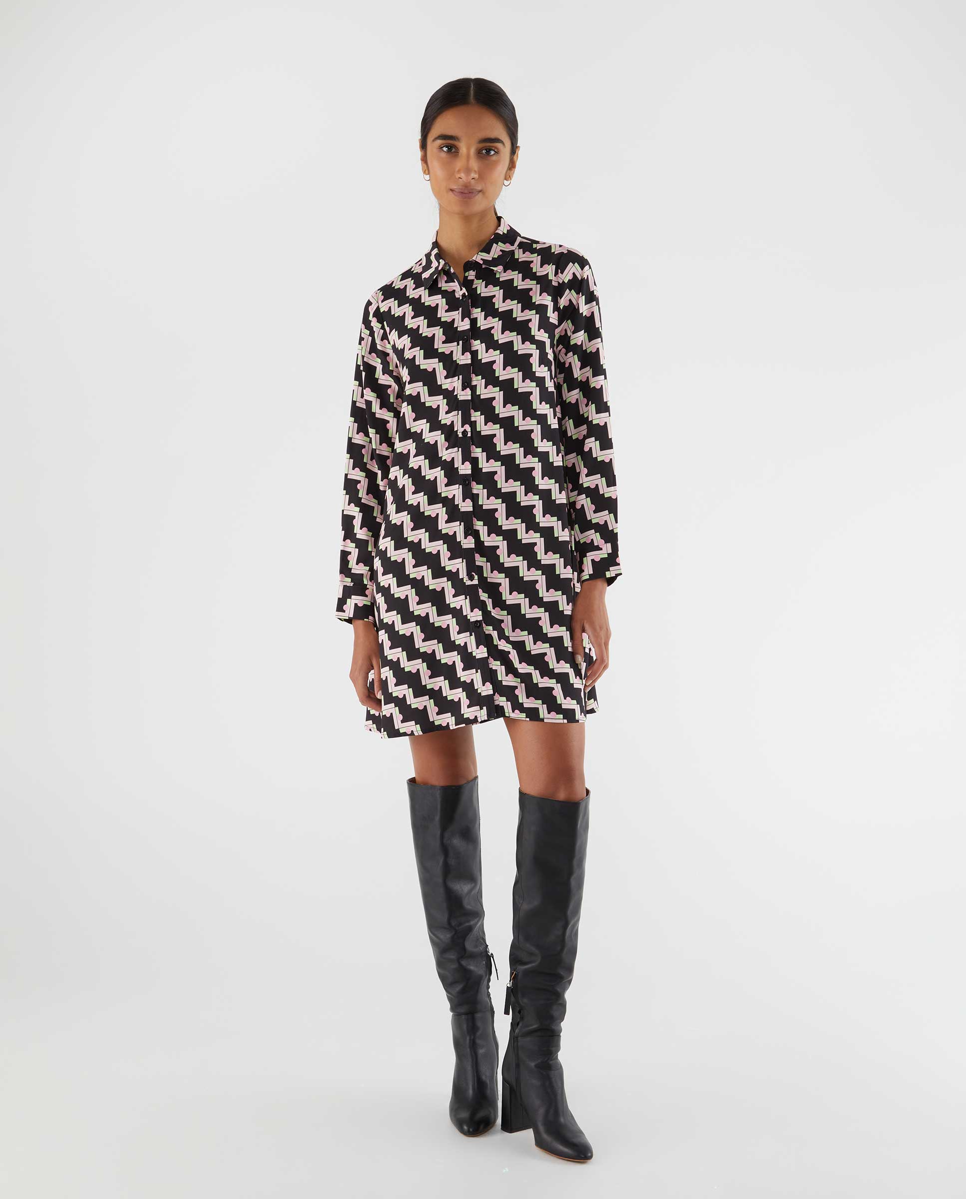 Geometric Print Shirt Dress in Black Combo