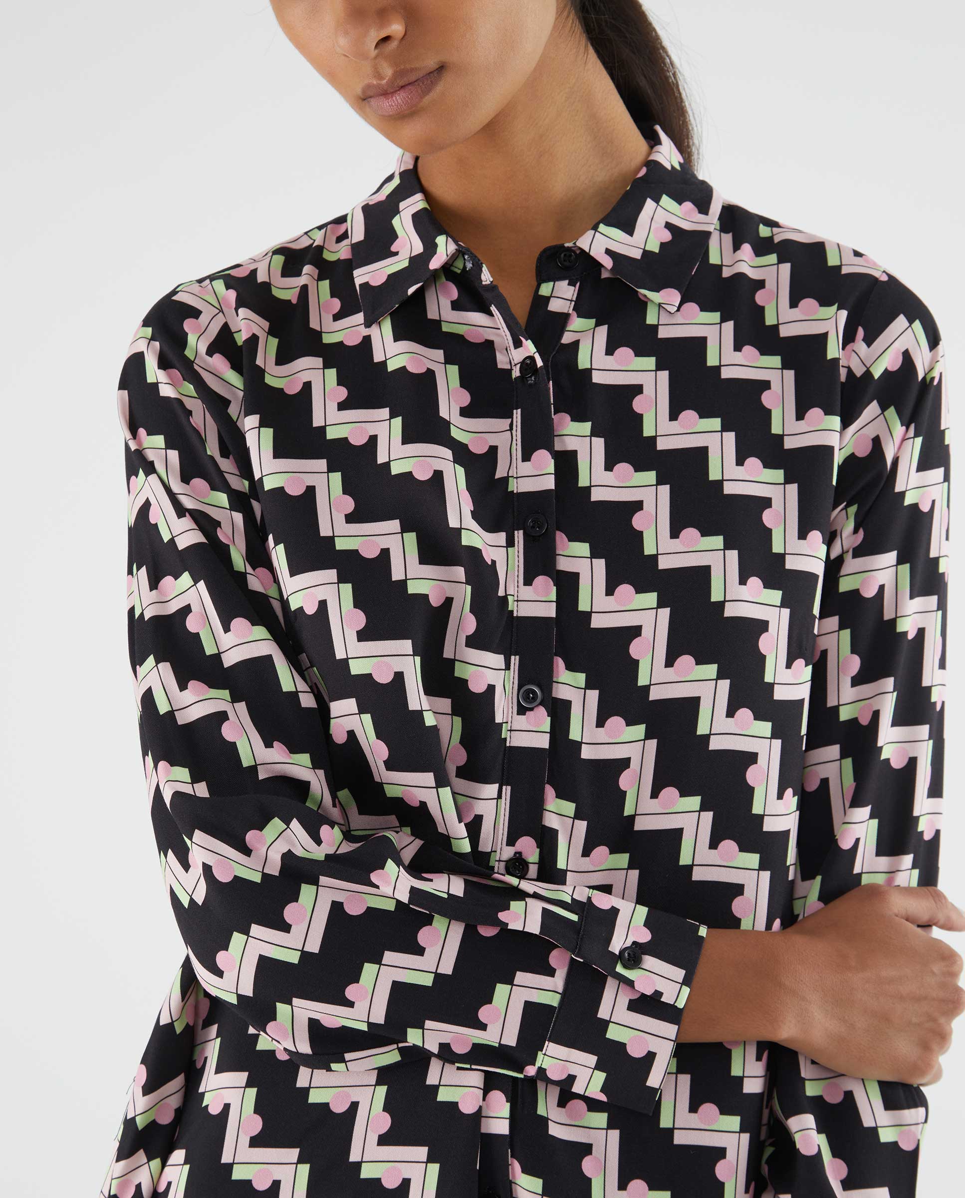 Geometric Print Shirt Dress in Black Combo