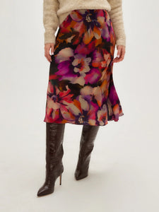 Bias Cut Midi Skirt in Floral Magenta