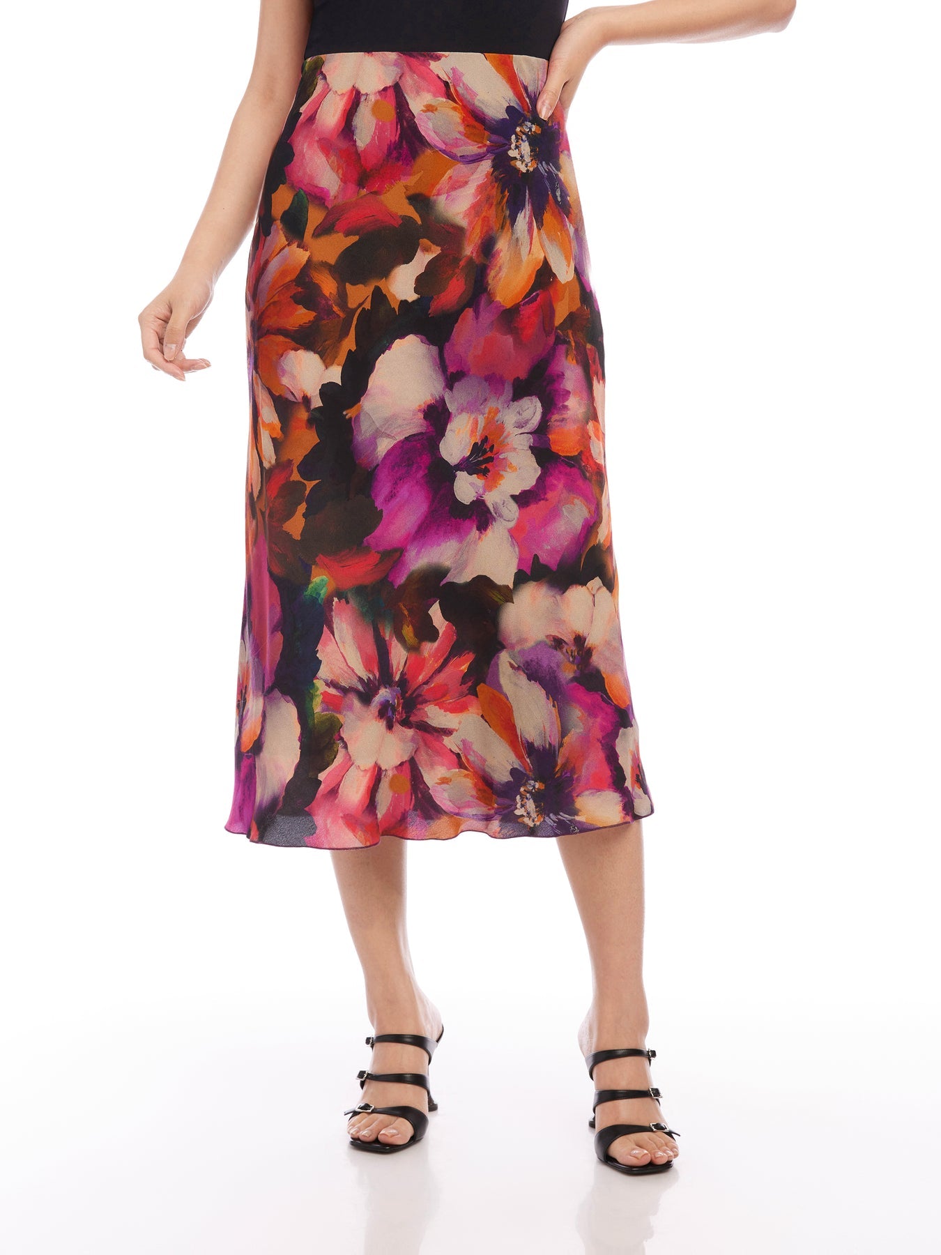 Bias Cut Midi Skirt in Floral Magenta
