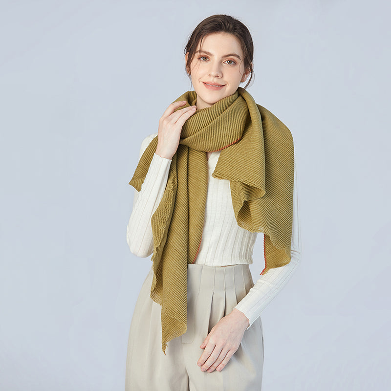 Pleated Shawl With Contrasting Trim in Olive Green