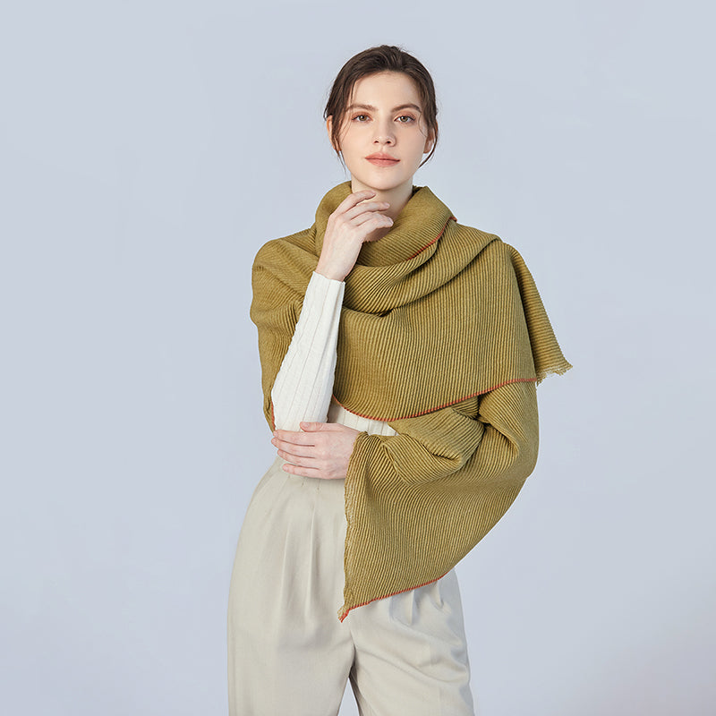 Pleated Shawl With Contrasting Trim in Olive Green