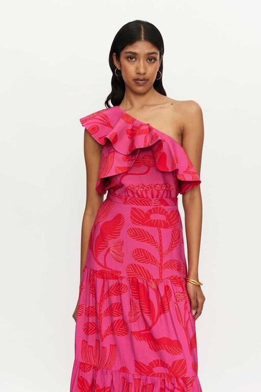 One Shoulder Ruffle Top in Red/Pink – Mint Julep