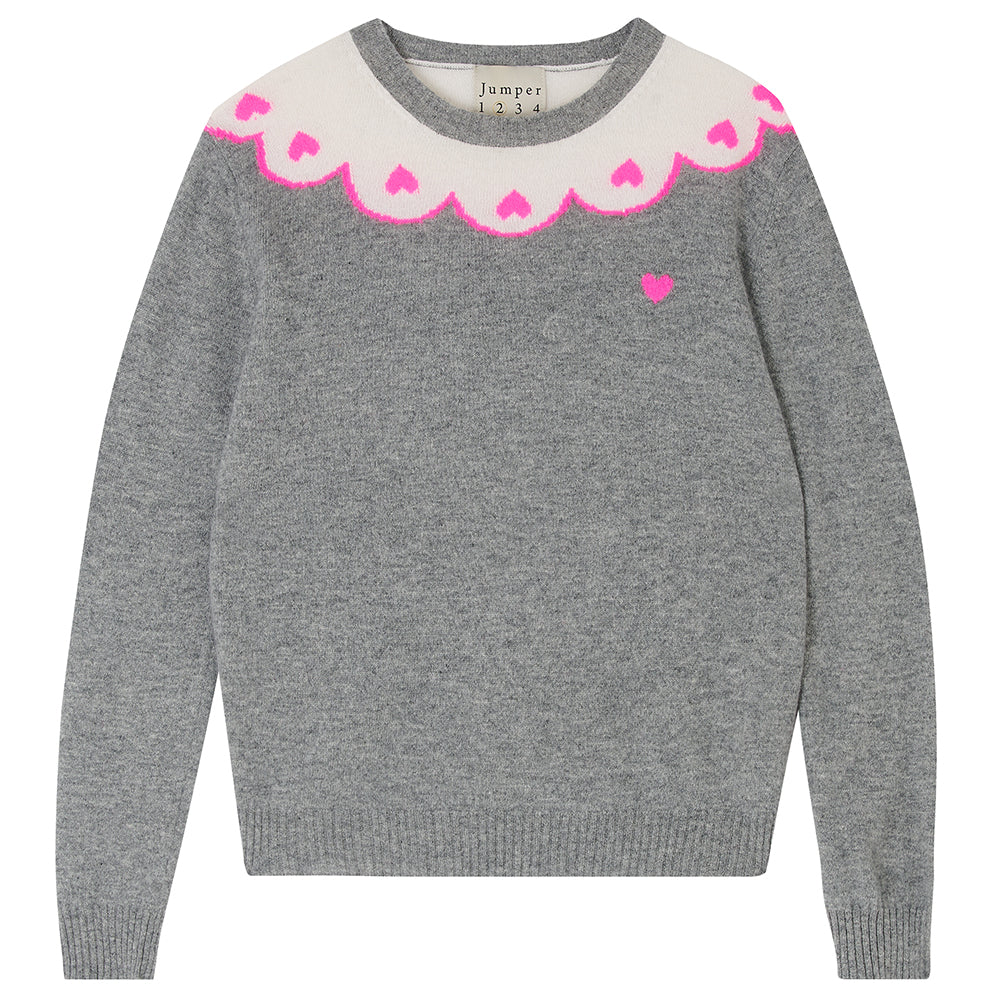Hearty Crew Cashmere Sweater in Grey/ Hot Pink