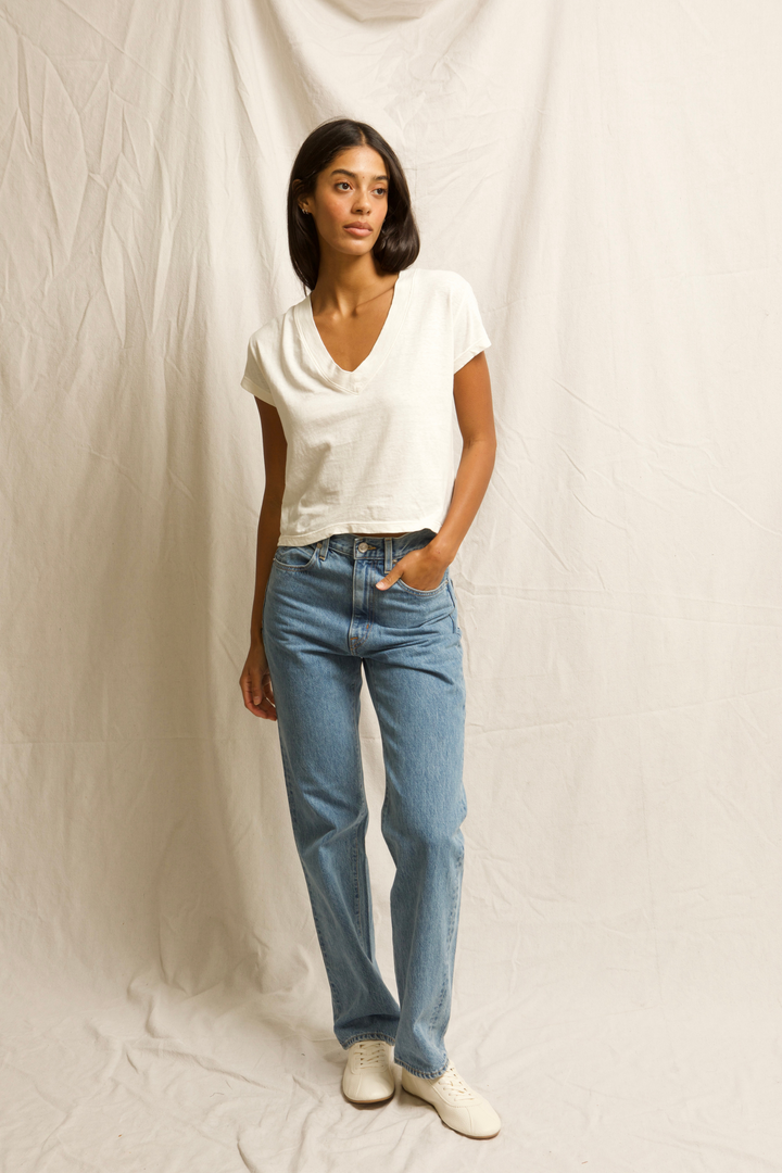 Alanis Recycled Cotton V-Neck Tee in Bright Ivory