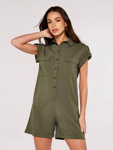 Short Sleeve Safari Shirt Romper in Olive