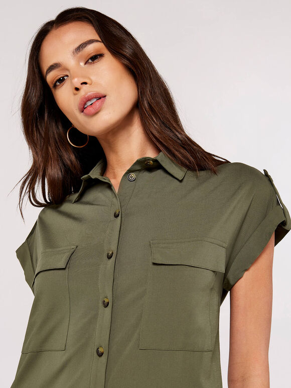 Short Sleeve Safari Shirt Romper in Olive