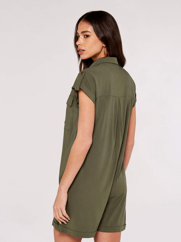 Short Sleeve Safari Shirt Romper in Olive