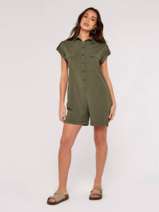 Short Sleeve Safari Shirt Romper in Olive