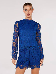 Scalloped Lace High Neck Top in Blue