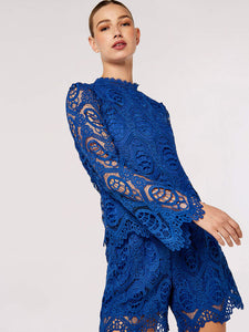 Scalloped Lace High Neck Top in Blue