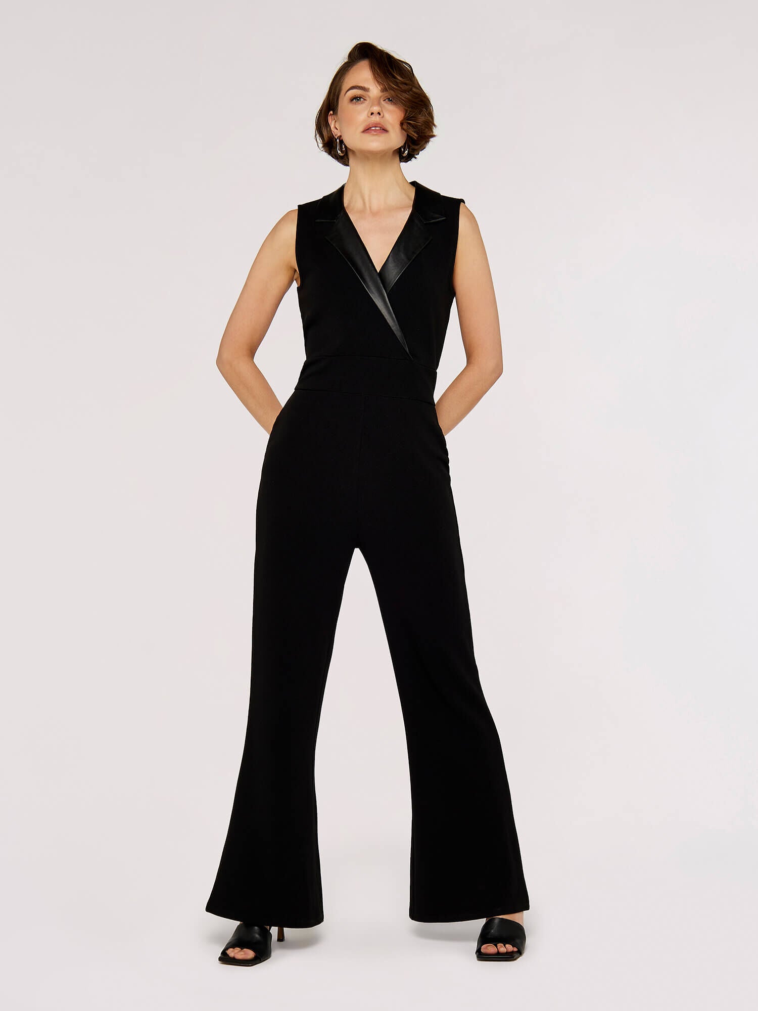 Faux Leather Collared Jumpsuit in Black