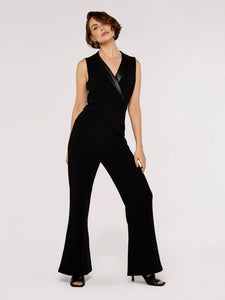 Faux Leather Collared Jumpsuit in Black