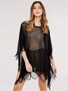 Fringe Crochet Poncho in Black