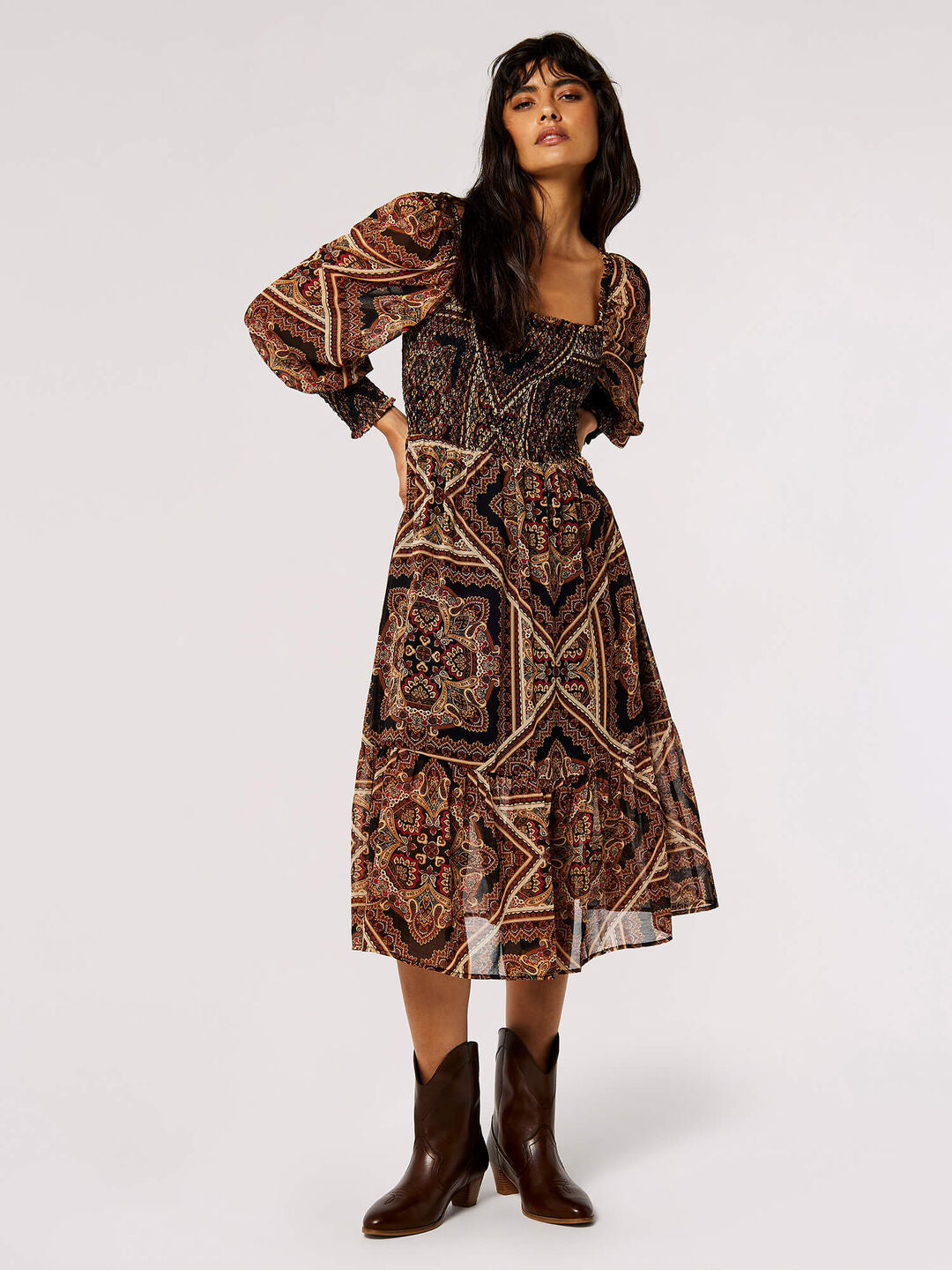 Smocked Paisley Midi Dress in Mango Combo