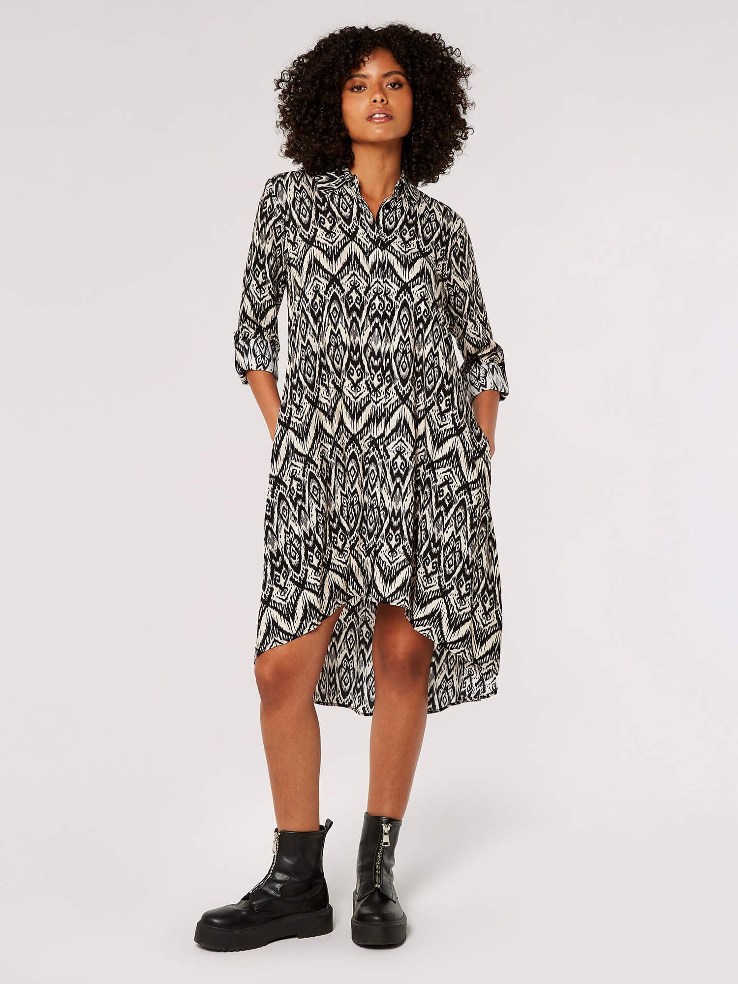 Long Sleeve Aztec Print High Low Shirt Dress in Black Multi