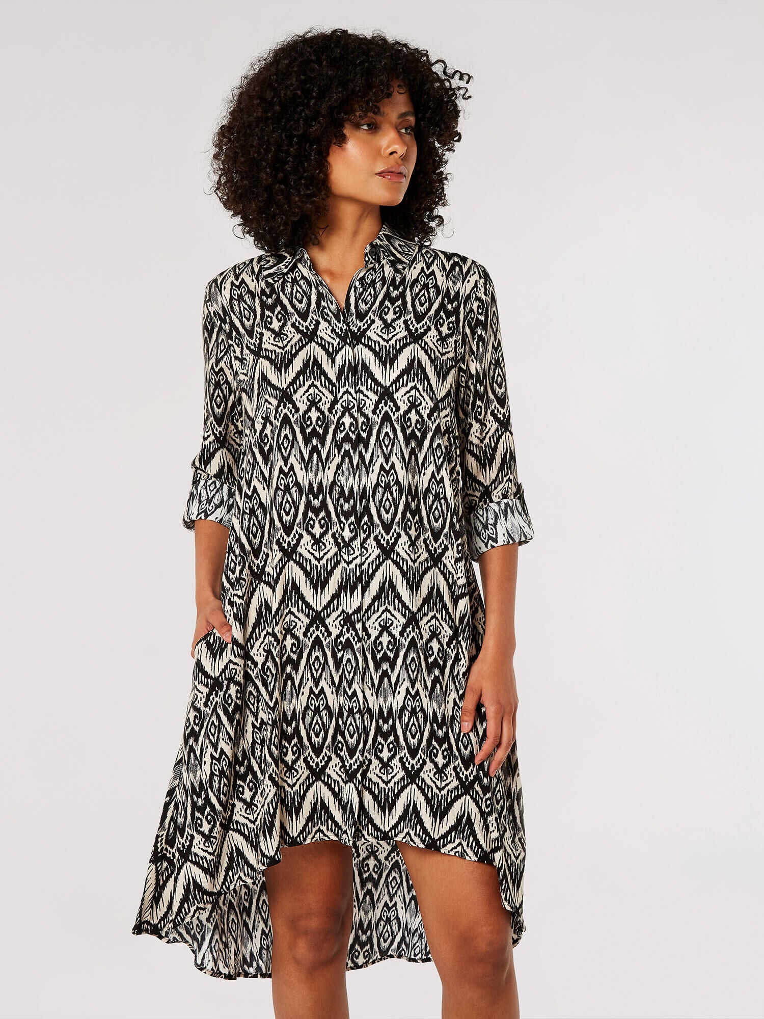 Long Sleeve Aztec Print High Low Shirt Dress in Black Multi Mint