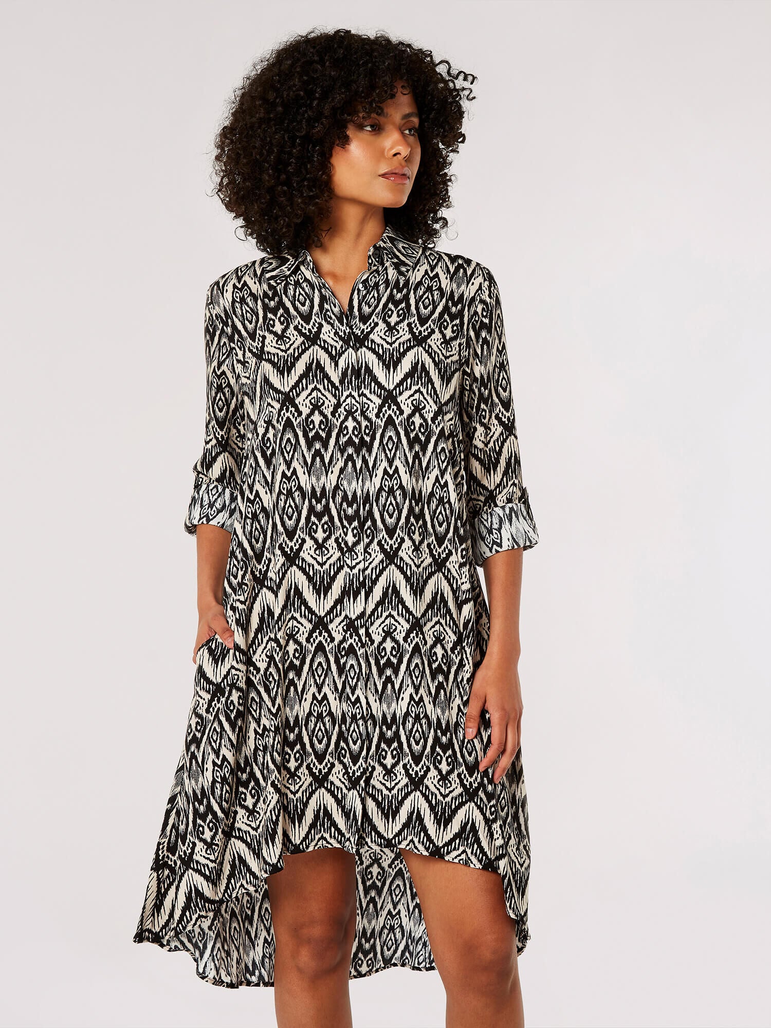 Long Sleeve Aztec Print High Low Shirt Dress in Black Multi