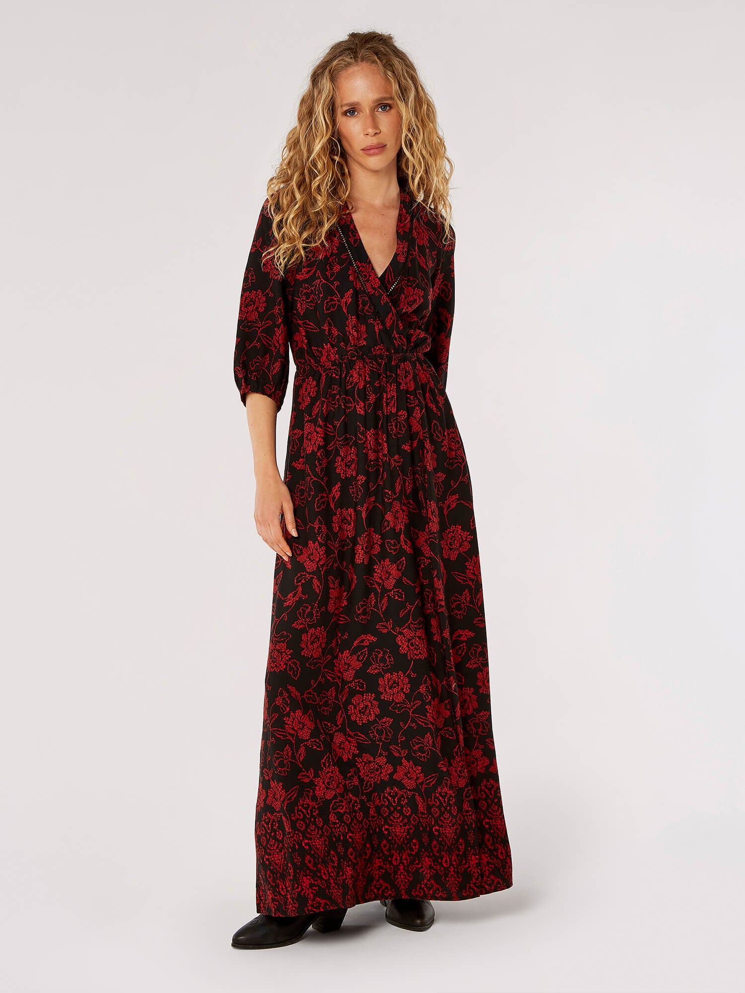 Floral Faux Wrap Maxi Dress in Black Multi