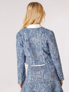Shimmer Tweed Cropped Collarless Blazer in Blue