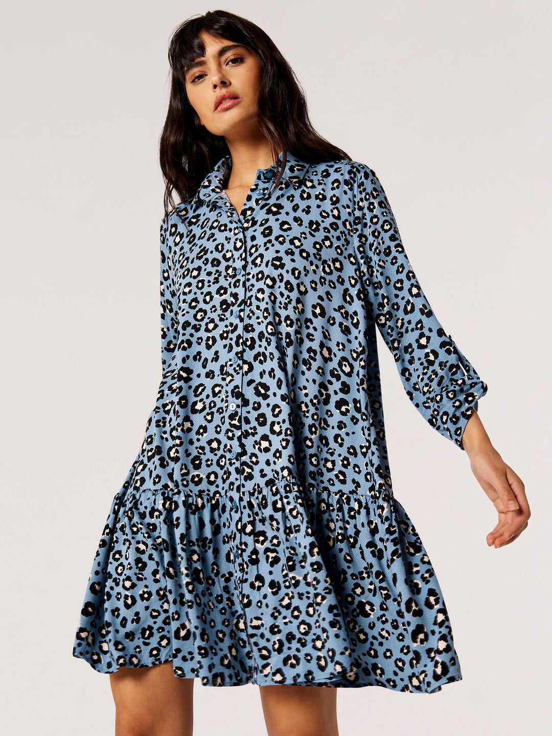 Leopard Swing Shirt Mini Dress in Blue