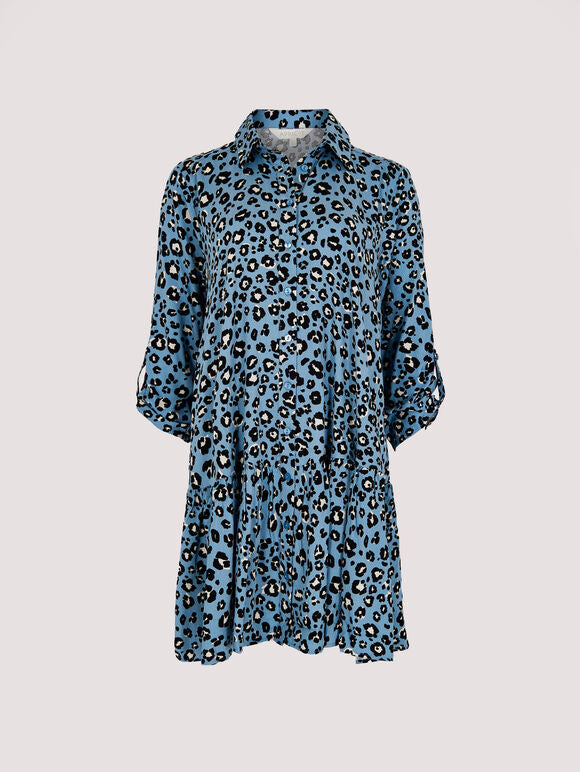 Leopard Swing Shirt Mini Dress in Blue