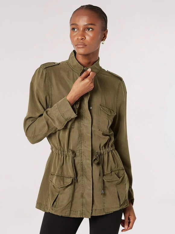 Drawstring Military Tie Waist Jacket in Green