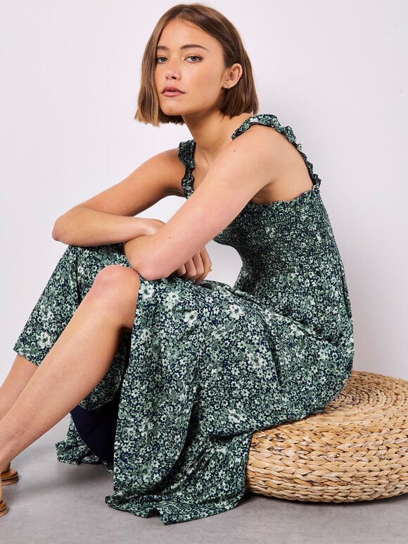 Ditsy Floral Smocked Midi Dress in Navy/Seafoam