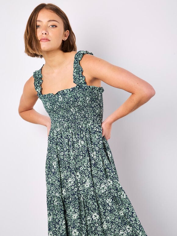 Ditsy Floral Smocked Midi Dress in Navy/Seafoam