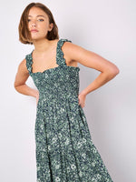 Load image into Gallery viewer, Ditsy Floral Smocked Midi Dress in Navy/Seafoam
