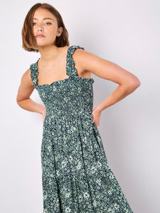 Ditsy Floral Smocked Midi Dress in Navy/Seafoam