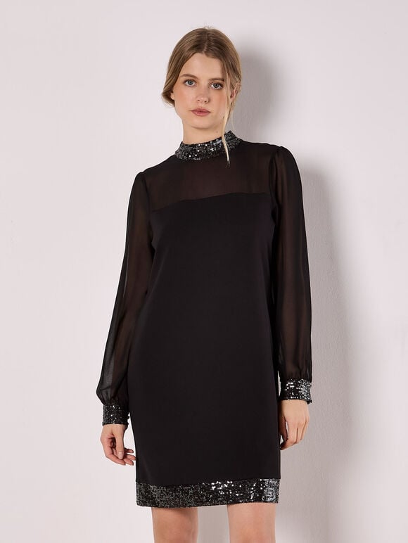 Sequin Mock Neck Long Sleeve Dress in Black