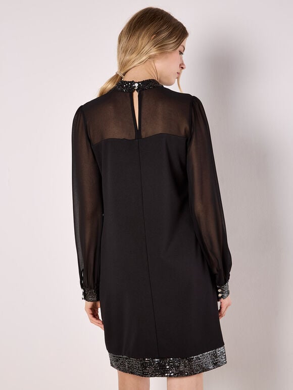 Sequin Mock Neck Long Sleeve Dress in Black
