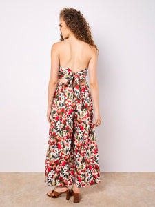 Blurred Ikat Floral Palazzo Bandeau Jumpsuit in Red