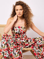 Load image into Gallery viewer, Blurred Ikat Floral Palazzo Bandeau Jumpsuit in Red
