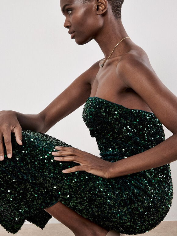Strapless Sequin Midi Dress w/ Back Slit in Green