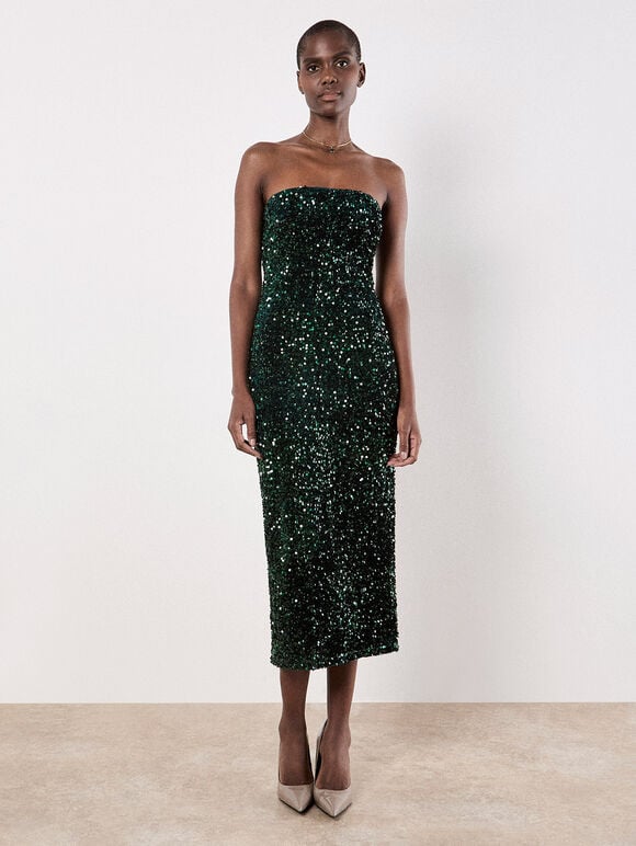 Strapless Sequin Midi Dress w/ Back Slit in Green