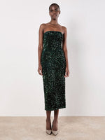 Load image into Gallery viewer, Strapless Sequin Midi Dress w/ Back Slit in Green
