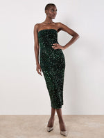 Load image into Gallery viewer, Strapless Sequin Midi Dress w/ Back Slit in Green
