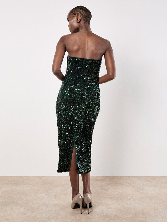 Strapless Sequin Midi Dress w/ Back Slit in Green