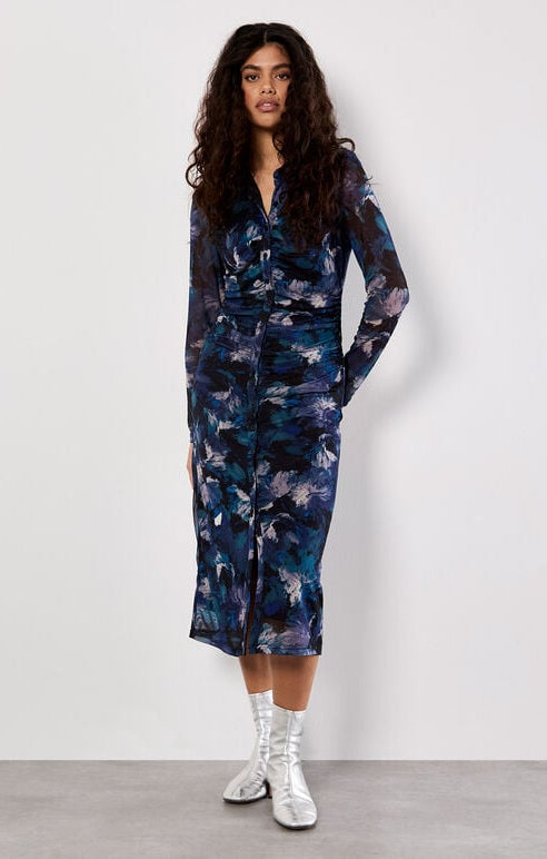 Floral Mesh Ruched Midi Dress in Teal