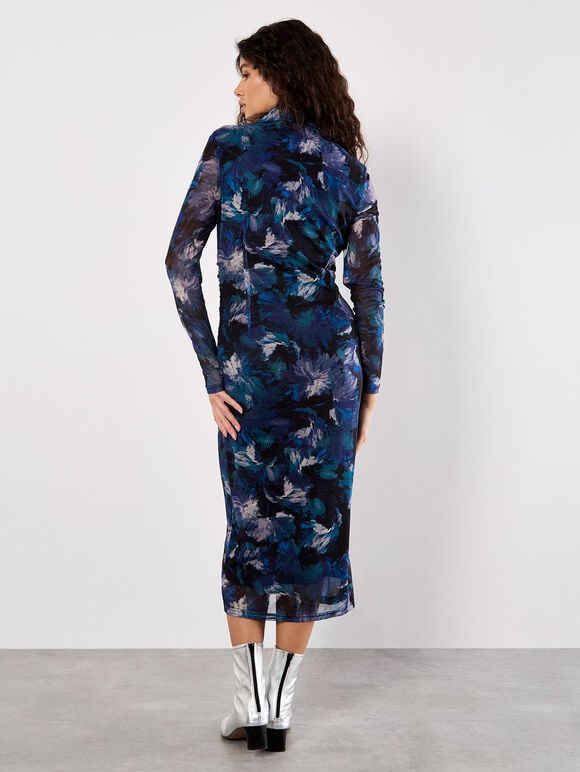 Floral Mesh Ruched Midi Dress in Teal